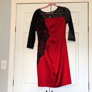 Jax womens Cocktail Dress Size 6 Red Satin Black Lace & Mesh 3/4 Sleeve Fitted